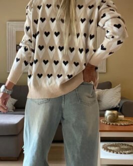 Parchment Geometric Heart Print Ribbed Trim Loose Sweater