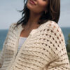 Beige Hollowed Pattern Knit Zip Up Drop Shoulder Sweater Cardigan