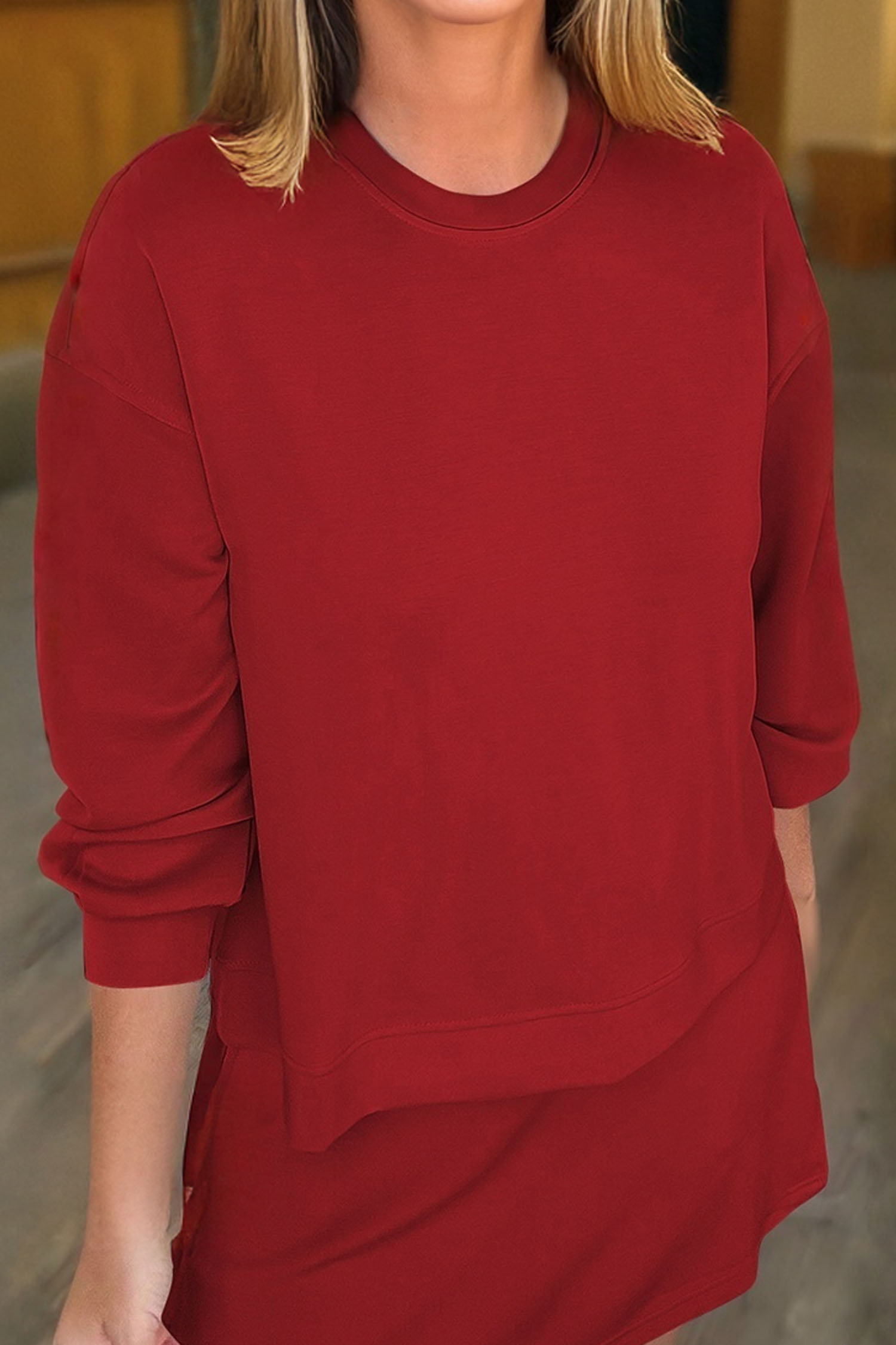 Racing Red Solid Color Drop Shoulder Pullover Drawstring Mini Skirt 2pcs Outfit - Image 4