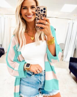 Iceland Blue Colorblock Knit Open Front Short Casual Cardigan