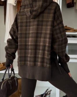 Chicory Coffee Plaid Patchwork Side Slit Hoodie