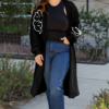 Black Flower Embroidered Drop Shoulder Open Front Duster Cardigan