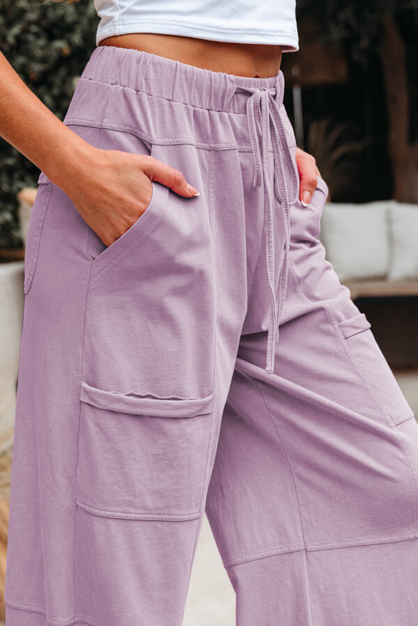 Pink Mineral Wash Exposed Seam Drawstring Elastic Waistband Wide Leg Cargo Pants