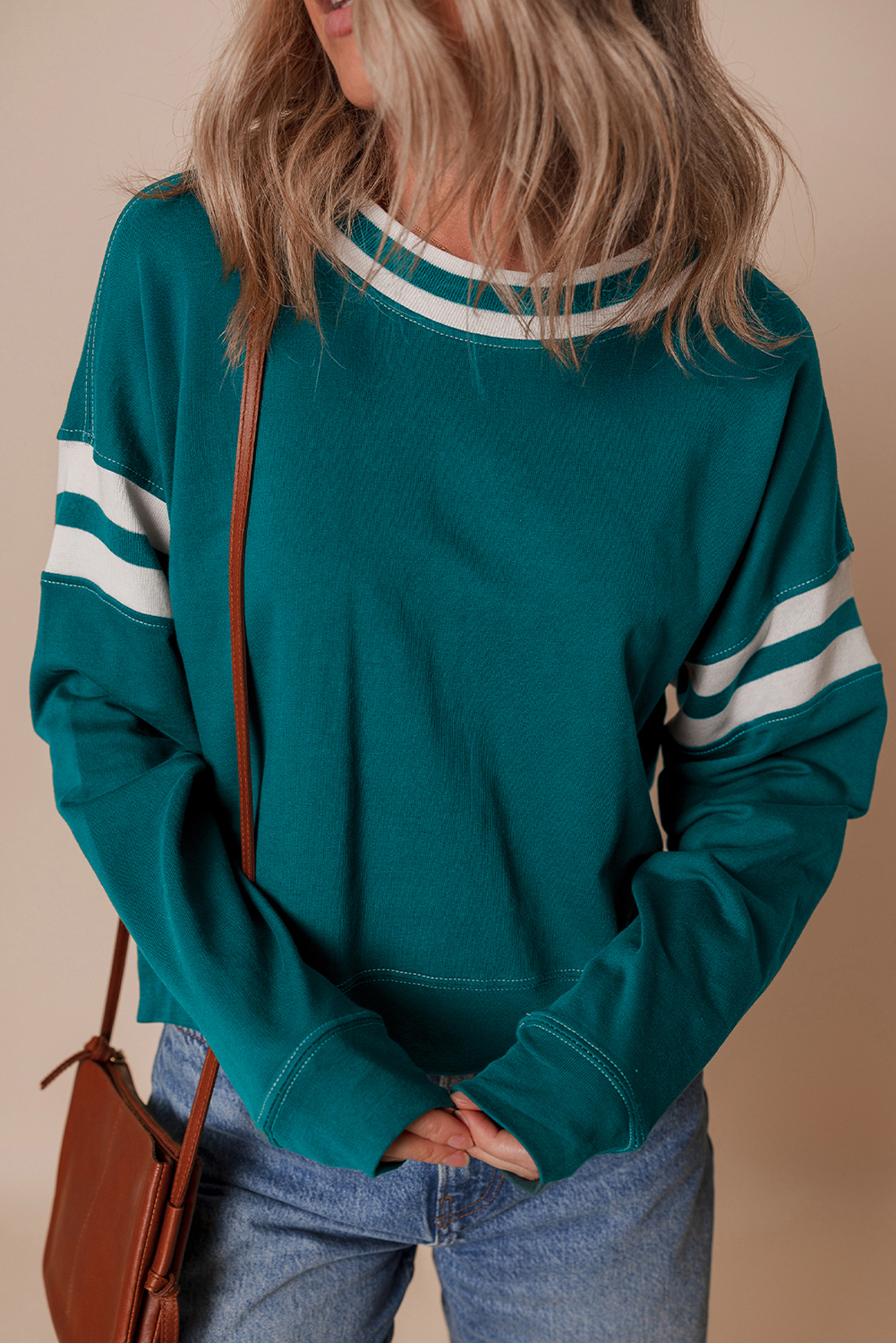 Blackish Green Contrast Striped Patchwork Round Neck Drop Shoulder Sweatshirt - Image 5