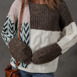 Brown Color Block Patchwork Knotted Back Loose Fit Sweater