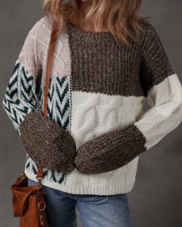 Brown Color Block Patchwork Knotted Back Loose Fit Sweater