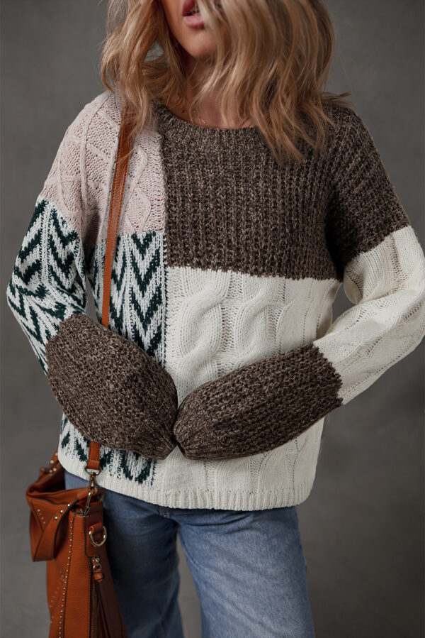 Brown Color Block Patchwork Knotted Back Loose Fit Sweater