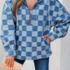 Sky Blue Checkerboard Zipped Neck Kangaroo Pocket Denim Hoodie