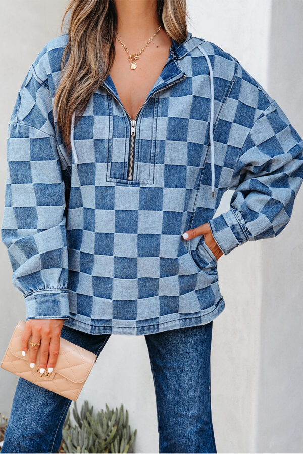 Sky Blue Checkerboard Zipped Neck Kangaroo Pocket Denim Hoodie