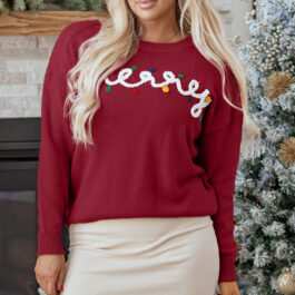 Racing Red Merry Colorful Dot Detail Christmas Drop Shoulder Sweater
