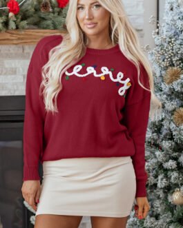 Racing Red Merry Colorful Dot Detail Christmas Drop Shoulder Sweater