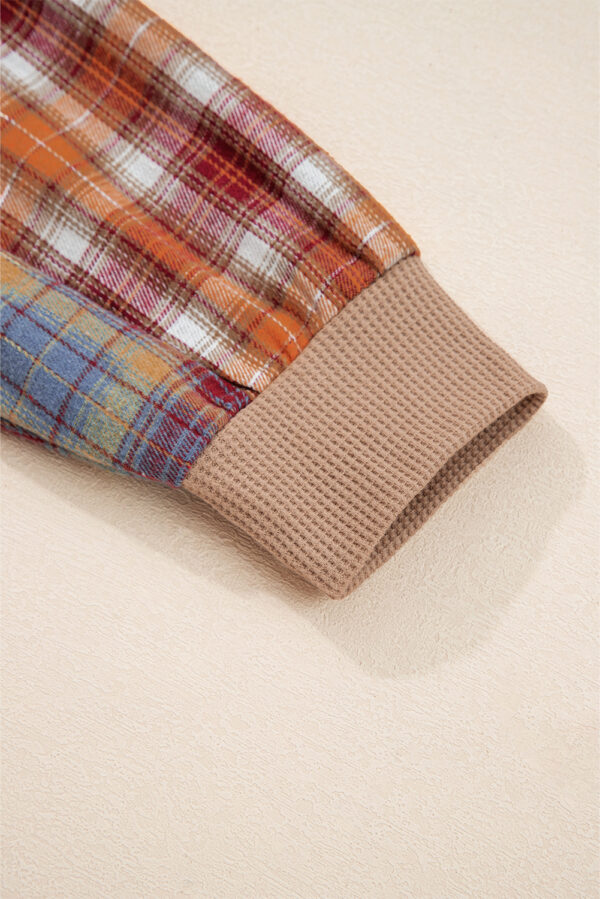 Straw Yellow Waffle Stripe Plaid Patchwork Henley Knit Top