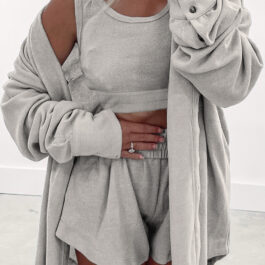 Gray 3 Pcs Crop Tank Top Shorts with Cardigan Lounge Set