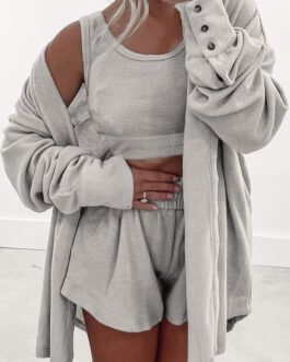 Gray 3 Pcs Crop Tank Top Shorts with Cardigan Lounge Set