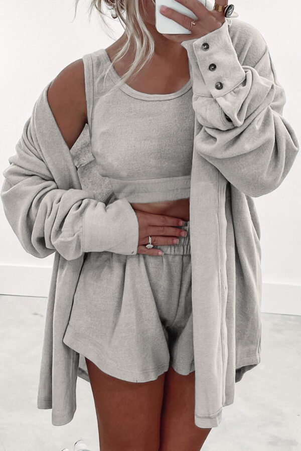 Gray 3 Pcs Crop Tank Top Shorts with Cardigan Lounge Set