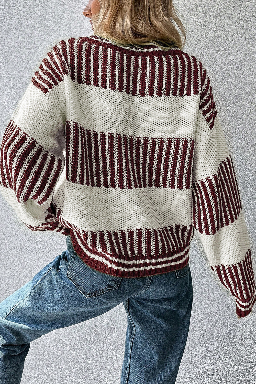 Light Blue Two Tone Striped Patchwork Drop Shoulder Loose Sweater - Image 8