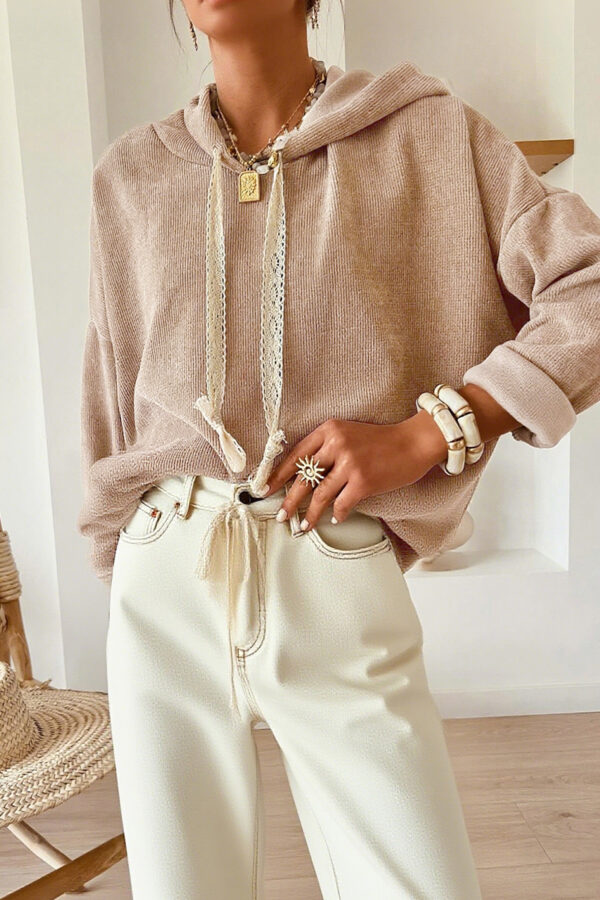 Parchment Thermal Textured Leopard Drawstring Baggy Hoodie