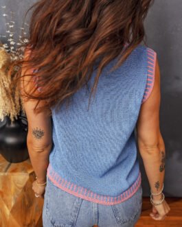 Sky Blue Contrast Trim Round Neck Sleeveless Sweater