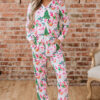 Pink Christmas Pattern Button V Neck Pullover Drawstring Pants 2pcs Lounge Set