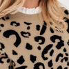 Dearlovers Brown Leopard Pattern Lace Ribbed Detail Button Cuffed Sweater