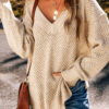 Dark Brown Loose Eyelet V Neck Drop Shoulder Sweater