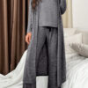 Dark Grey 3pcs V Neck T Shirt Ribbon Knot Pants Open Duster 3pcs Lounge Set