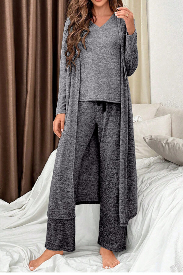 Dark Grey 3pcs V Neck T Shirt Ribbon Knot Pants Open Duster 3pcs Lounge Set