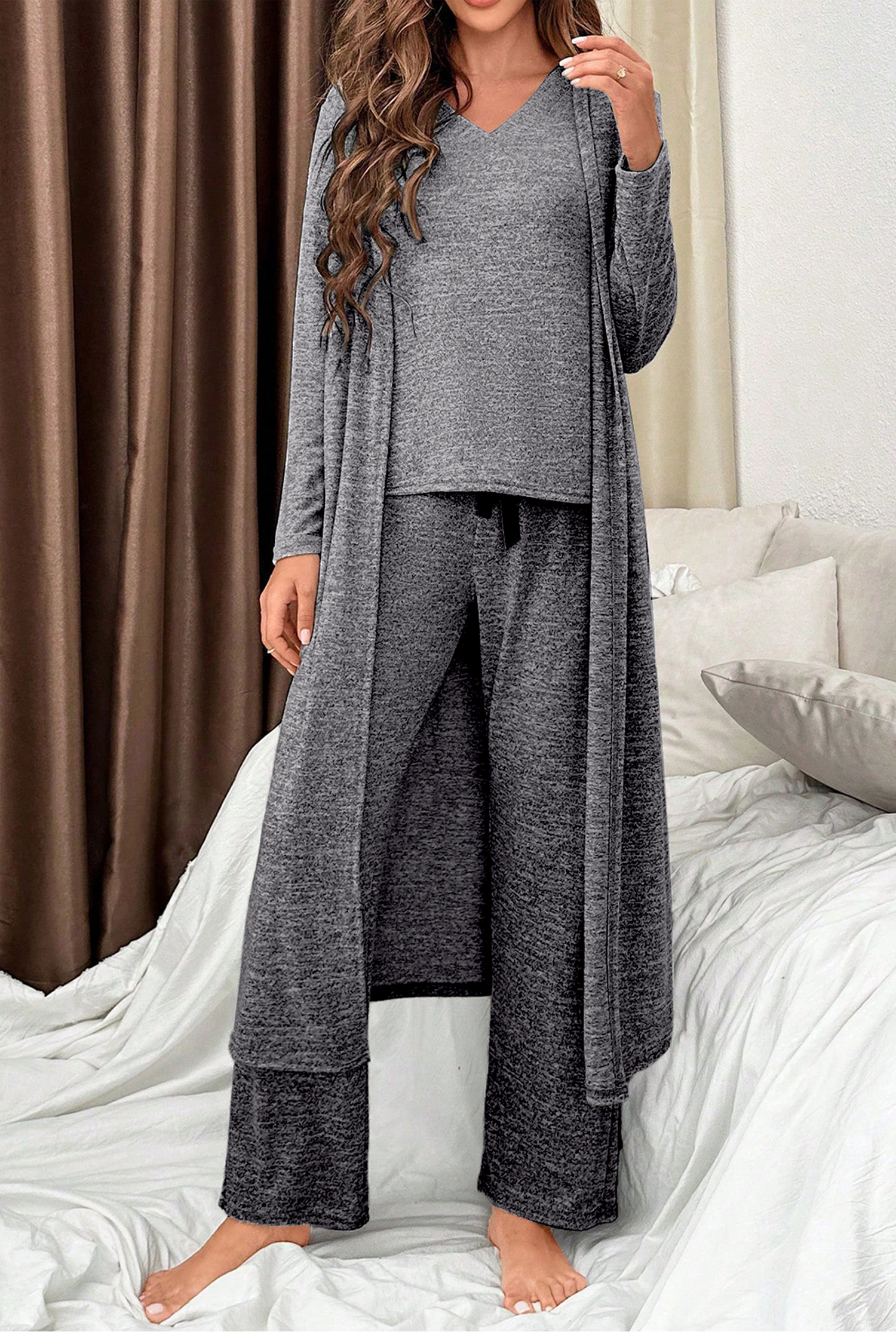 Dark Grey 3pcs V Neck T Shirt Ribbon Knot Pants Open Duster 3pcs Lounge Set - Image 3