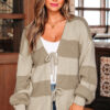 Khaki Striped Color Block Brushed Knit Bow Tie Front Sweater Cardigan