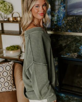 Four Leaf Clover Mineral Wash V Neck Knit Exposed Seam Drop Shoulder Loose Sweater