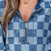 Sky Blue Checkerboard Zipped Neck Kangaroo Pocket Denim Hoodie