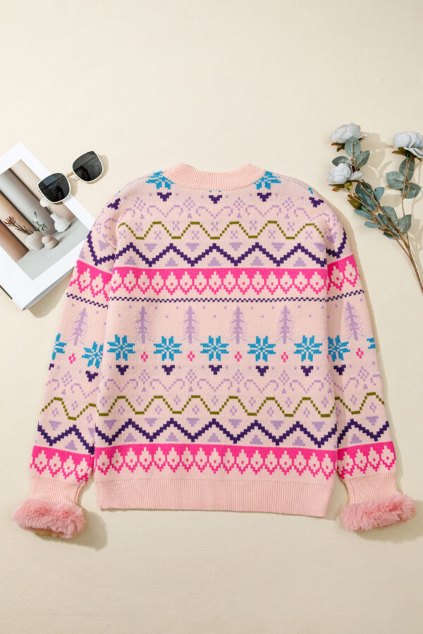 Multicolour Ethnic Christmas Pattern Knit Feather Cuffed Sweater