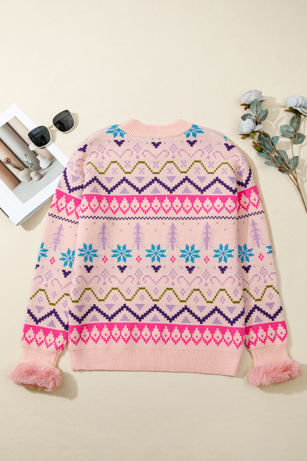 Multicolour Ethnic Christmas Pattern Knit Feather Cuffed Sweater - Image 8