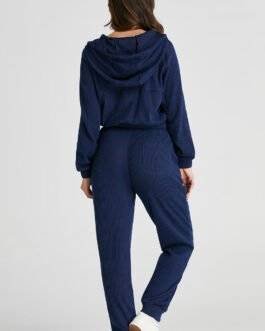 Navy Blue Ribbed Knit Cropped Hoodie and Drawstring Joggers Set