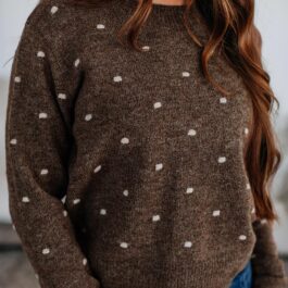 Coffee Dotted Print Ribbed Edge Knit Sweater