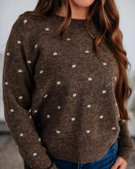 Coffee Dotted Print Ribbed Edge Knit Sweater