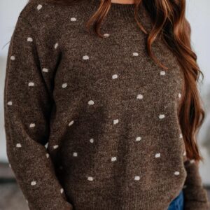 Coffee Dotted Print Ribbed Edge Knit Sweater
