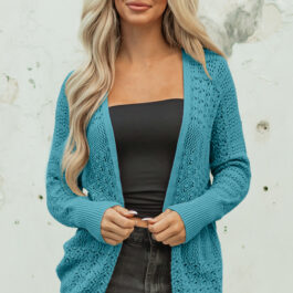 Lapis Mix Pattern Hollowed Knit Open Front Cardigan