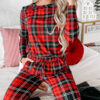 Red Festive Plaid Print Round Neck Long Sleeve and Pants 2 Piece Lounge Set