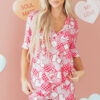Pink Heart Print Shirt Style Silky Short Pajama Set
