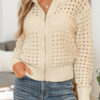 Beige Hollowed Pattern Knit Zip Up Drop Shoulder Sweater Cardigan
