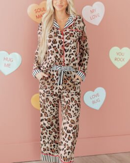 Dearlove Khaki Leopard Print Colorblock Striped Edge Shirt and Pants Pajama Set