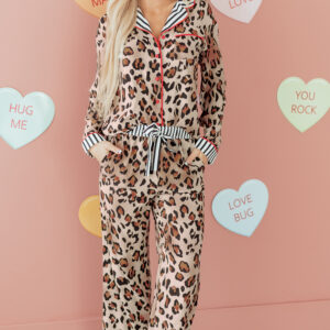 93412609-2dff1c1912476450.jpg Dearlove Khaki Leopard Print Colorblock Striped Edge Shirt and Pants Pajama Set