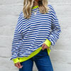 Rose Stripe Contrast Ribbed Trim Crossed Stitch Drop Shoulder Sweatshirt