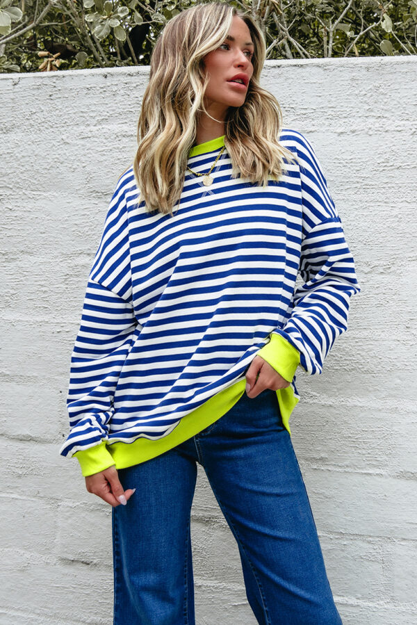 Rose Stripe Contrast Ribbed Trim Crossed Stitch Drop Shoulder Sweatshirt