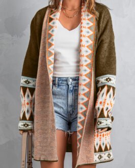 Brown Aztec Print Open Front Knitted Cardigan