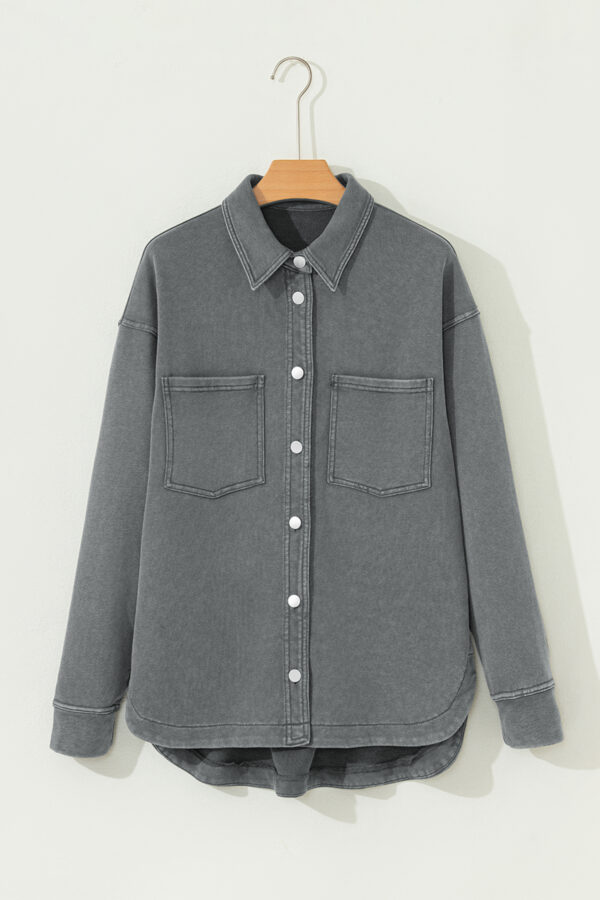 Medium Grey Mineral Wash Chest Pockets Drop Shoulder Shacket with Side Slit