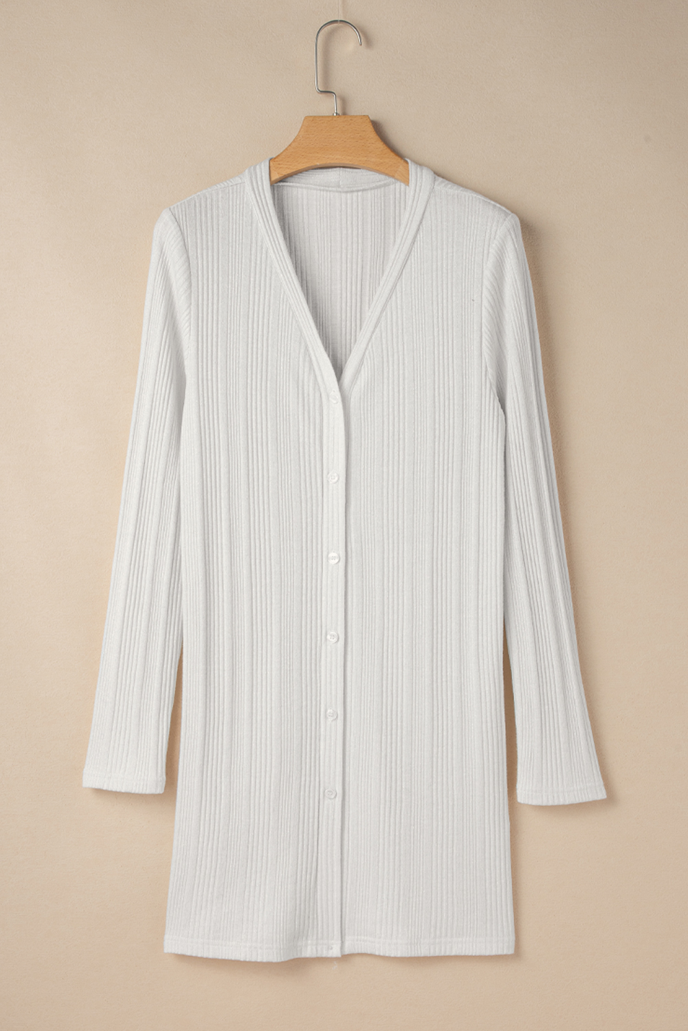 White Solid Color Ribbed Button up Tunic Cardigan - Image 8
