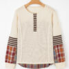 Beige Waffle Stripe Plaid Patchwork Henley Knit Top