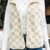 Khaki Sherpa Checkerboard Snap Button Vest Jacket With Pocket
